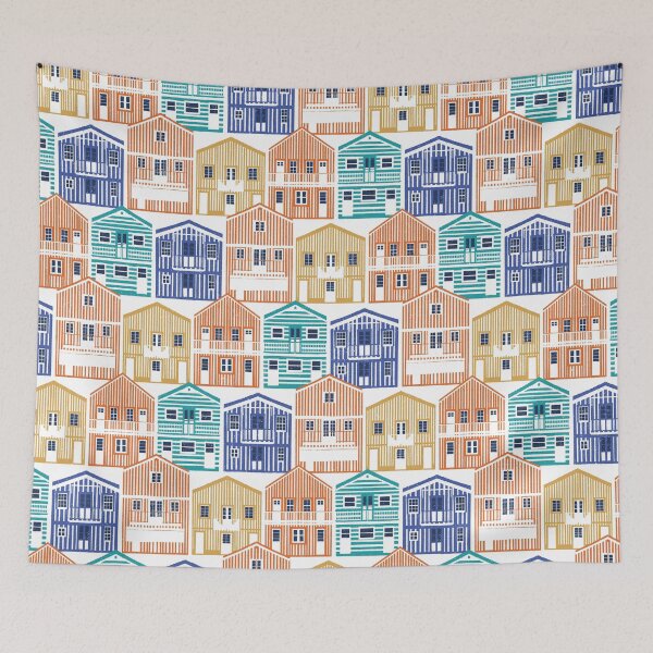 Item preview, Colourful Portuguese houses // white background rob roy yellow gold drop orange electric blue and peacock teal Costa Nova inspired houses designed and sold by SelmaCardoso.