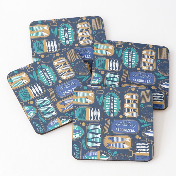 Item preview, Vintage canned sardines // navy blue background peacock teal and electric blue cans  designed and sold by SelmaCardoso.