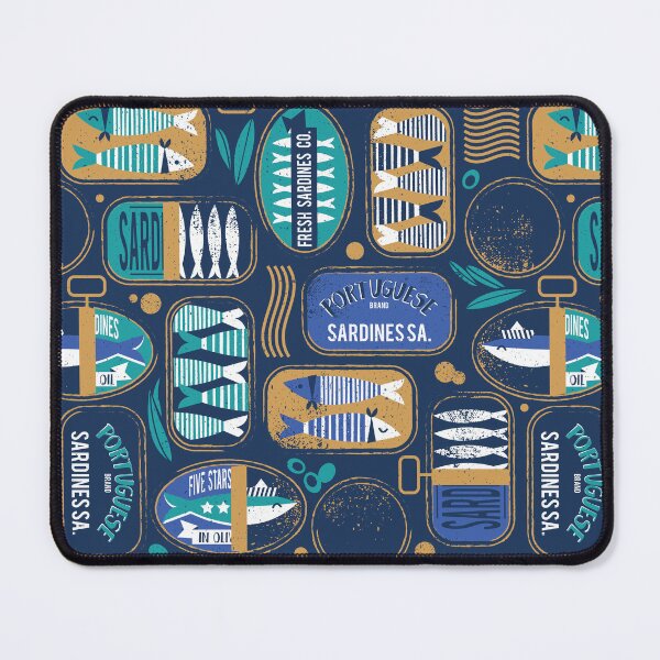 Item preview, Vintage canned sardines // navy blue background peacock teal and electric blue cans  designed and sold by SelmaCardoso.