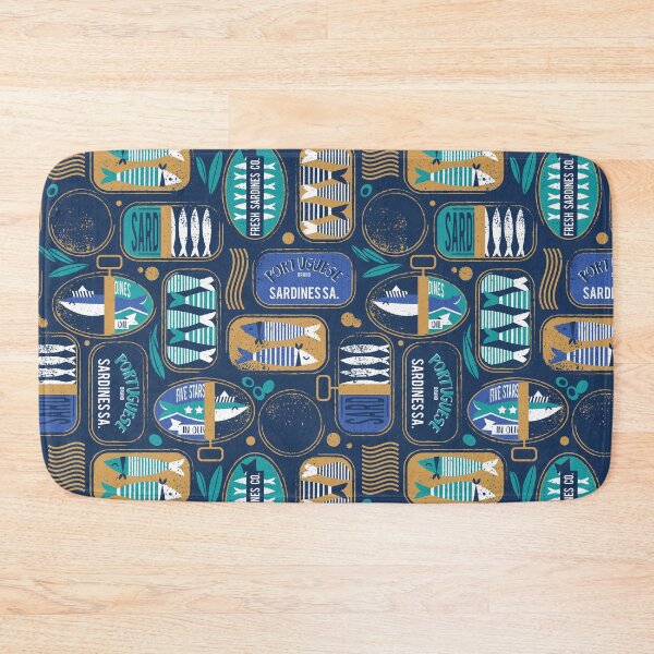 Item preview, Vintage canned sardines // navy blue background peacock teal and electric blue cans  designed and sold by SelmaCardoso.