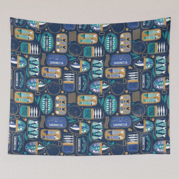 Item preview, Vintage canned sardines // navy blue background peacock teal and electric blue cans  designed and sold by SelmaCardoso.