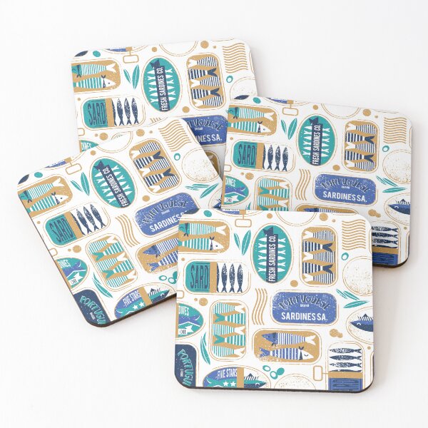 Item preview, Vintage canned sardines // white background peacock teal and electric blue cans  designed and sold by SelmaCardoso.
