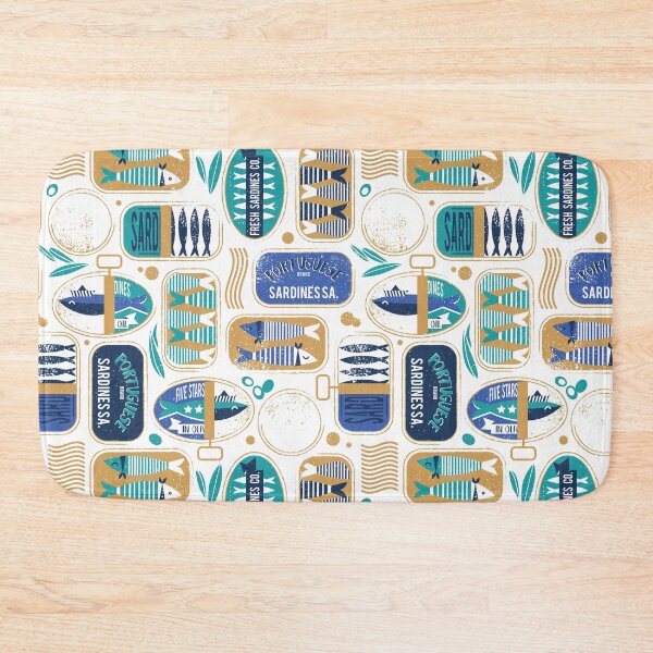 Item preview, Vintage canned sardines // white background peacock teal and electric blue cans  designed and sold by SelmaCardoso.