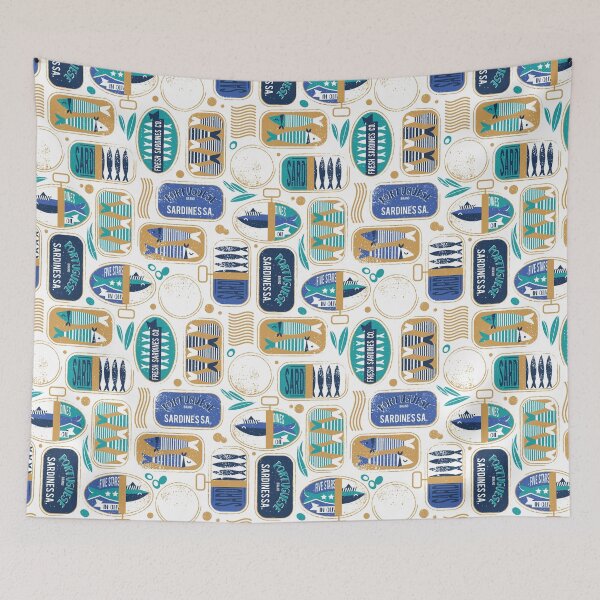 Item preview, Vintage canned sardines // white background peacock teal and electric blue cans  designed and sold by SelmaCardoso.