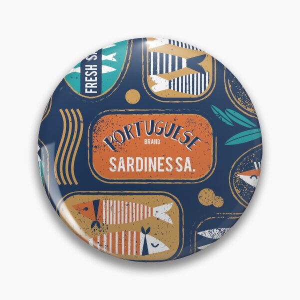 Item preview, Vintage canned sardines // navy blue background peacock teal and gold drop orange cans  designed and sold by SelmaCardoso.