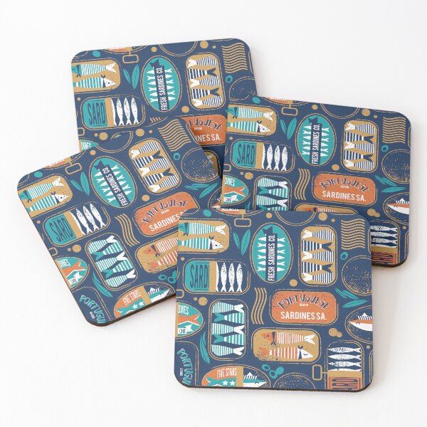 Item preview, Vintage canned sardines // navy blue background peacock teal and gold drop orange cans  designed and sold by SelmaCardoso.