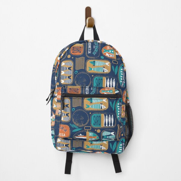 Item preview, Vintage canned sardines // navy blue background peacock teal and gold drop orange cans designed and sold by SelmaCardoso.