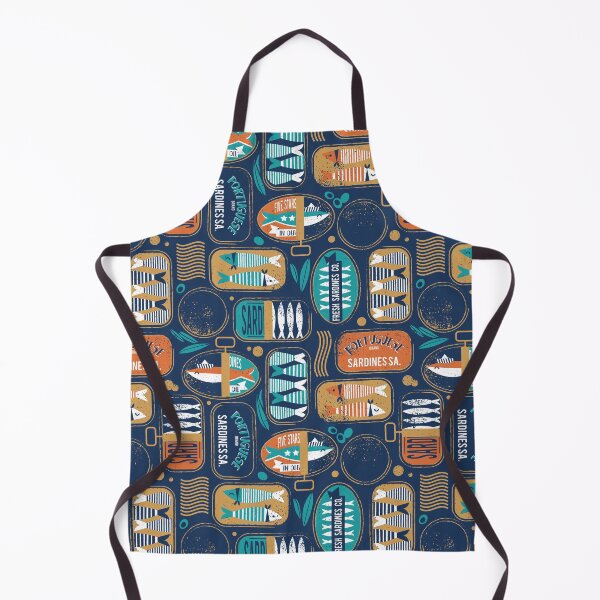 Vintage canned sardines // navy blue background peacock teal and gold drop orange cans Apron