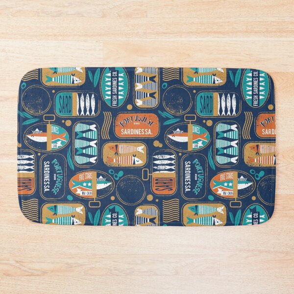 Item preview, Vintage canned sardines // navy blue background peacock teal and gold drop orange cans  designed and sold by SelmaCardoso.