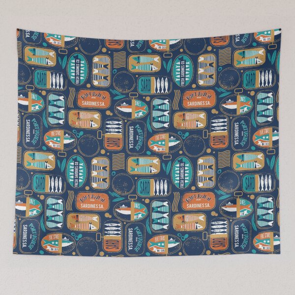 Item preview, Vintage canned sardines // navy blue background peacock teal and gold drop orange cans  designed and sold by SelmaCardoso.