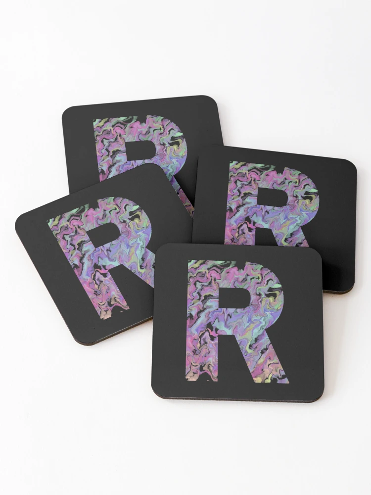 Thumbnail 1 of 5, Coasters (Set of 4), Letter R Sticker; Acrylic Pour Effect Pattern Sticker designed and sold by WoollyOrbit2000.