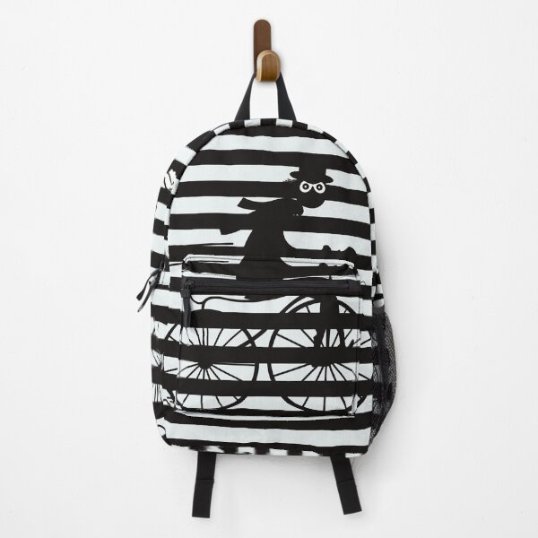 Item preview, Black and white striped pattern with a shady cyclist running fast on an old bicycle designed and sold by marina63.
