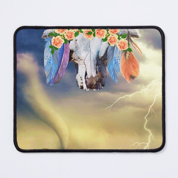 Item preview, Cow skull with roses and feathers and storm sky  designed and sold by Miss Sparkle.