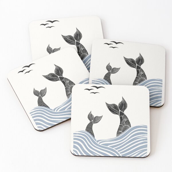 Item preview, Two mermaids linocut style illustration boho chic decor designed and sold by behindtheclouds.