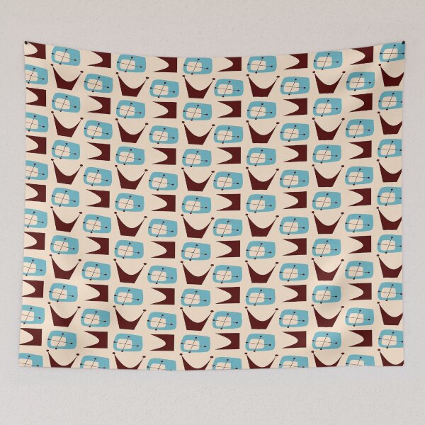 Item preview, Mid Century Modern Inspired Crowns and Cubes Print on Beige designed and sold by RetroTrend.