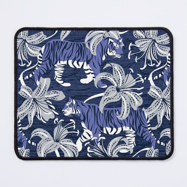 Item preview, Tigers in a tiger lily garden // textured navy blue background very peri wild animals light grey flowers designed and sold by SelmaCardoso.
