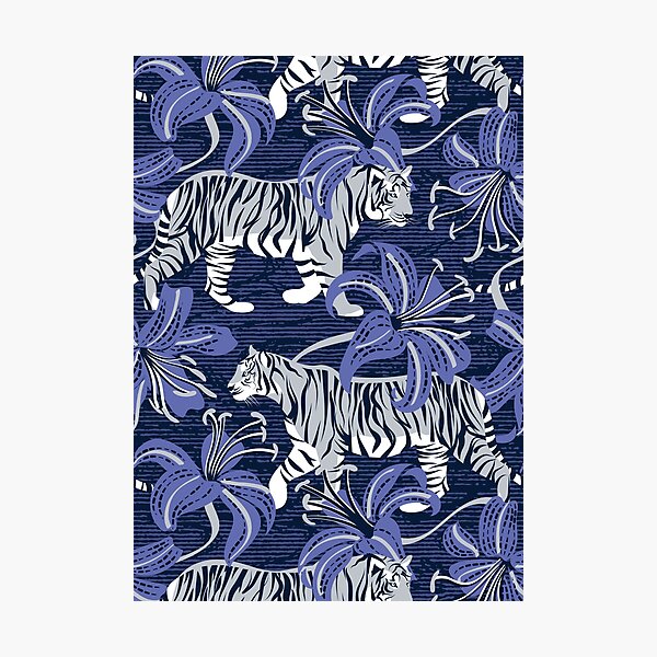 Item preview, Tigers in a tiger lily garden // textured navy blue background light grey wild animals very peri flowers designed and sold by SelmaCardoso.
