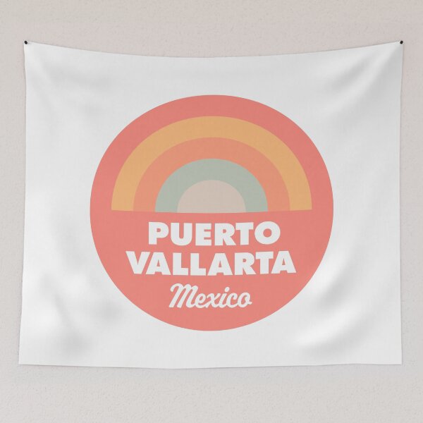 Aperçu de l'œuvre Puerto Vallarta Retro Orange Rainbow Badge créée et vendue par modeoftravel.