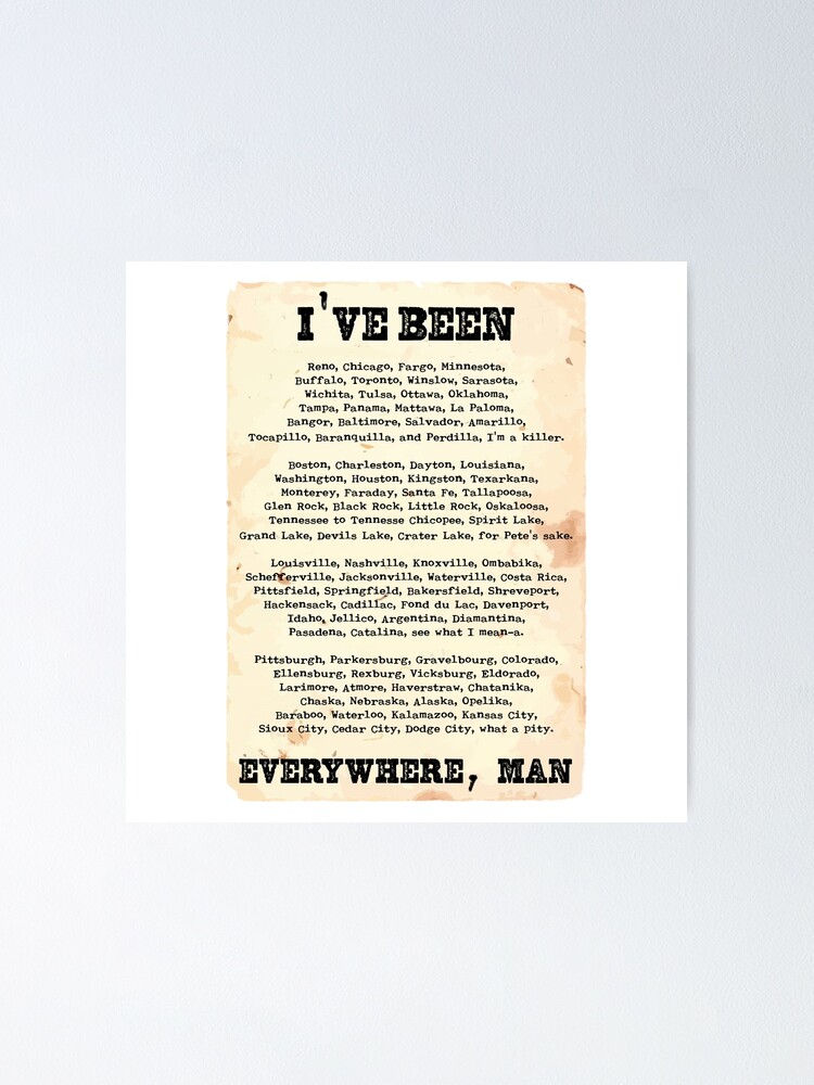 The Lyrics of Johnny Cash's I've Been Everywhere Charted on a