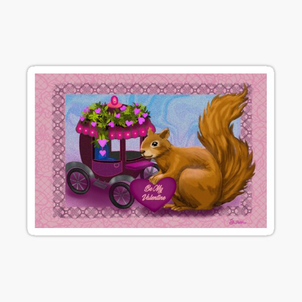 Whimsical Be My Valentine Squirrel with an Acorn Carriage Sticker