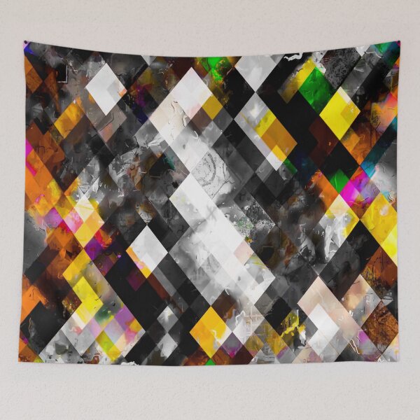 Item preview, geometric pixel square pattern abstract background in yellow orange pink designed and sold by Mrvell.