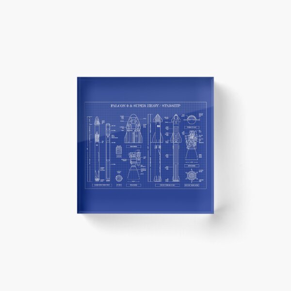 SPACEX: Falcon 9 & Super Heavy / Starship (Blueprint) Acrylic Block