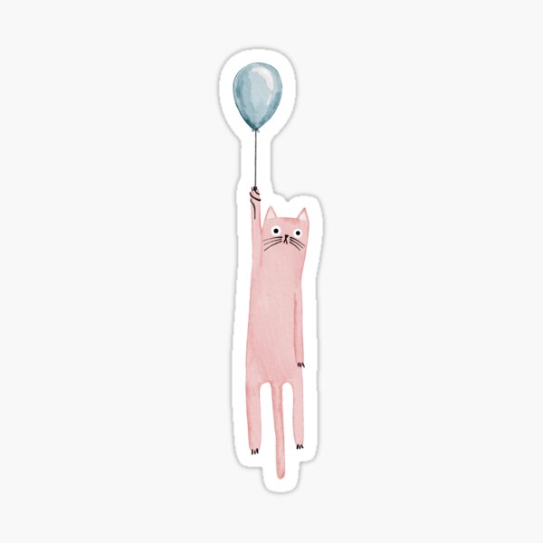 Pink watercolor cat with balloon Happy Birthday Sticker
