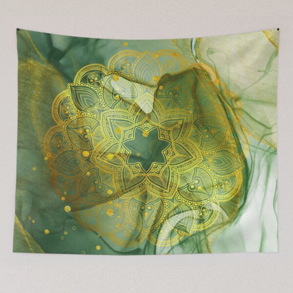 Item preview, Shiny Gold Mandala On Abstract Green Background designed and sold by Vic Torys ☆.