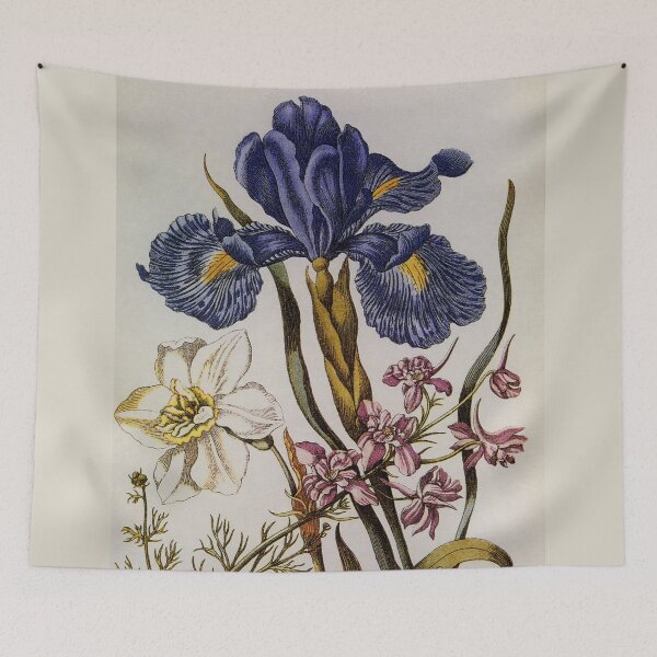 Item preview, Antique  blue English Iris, pink Delphinium, white Narcissus 1680 designed and sold by aapshop.