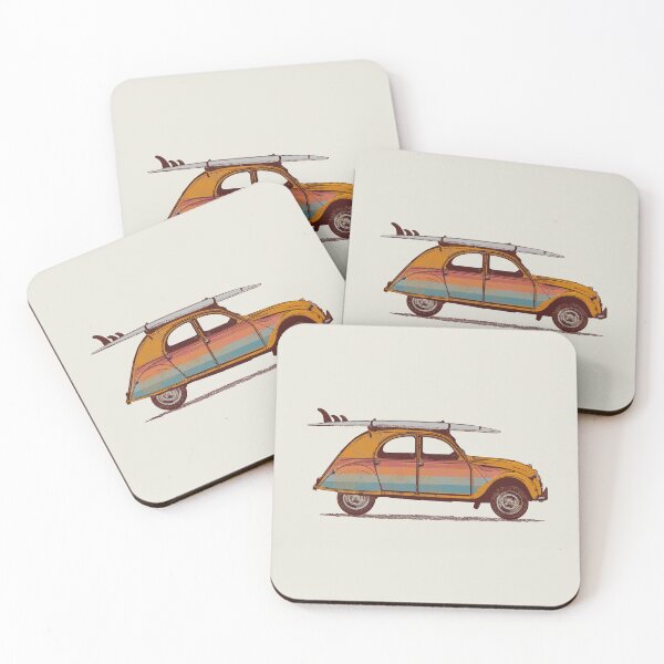 Item preview, Drawing of a two horses or 2CV with a surfboard on the roof in vintage retro style designed and sold by Johann Brangeon.