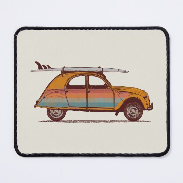 Item preview, Drawing of a two horses or 2CV with a surfboard on the roof in vintage retro style designed and sold by Johann Brangeon.
