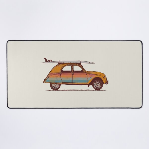 Item preview, Drawing of a two horses or 2CV with a surfboard on the roof in vintage retro style designed and sold by Johann Brangeon.