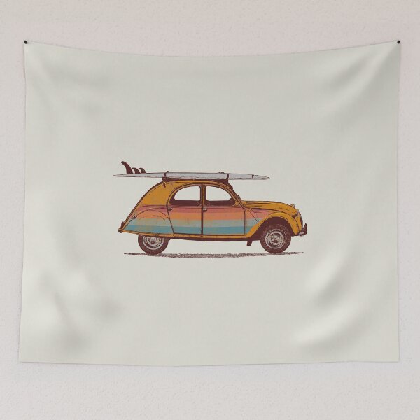 Item preview, Drawing of a two horses or 2CV with a surfboard on the roof in vintage retro style designed and sold by Johann Brangeon.