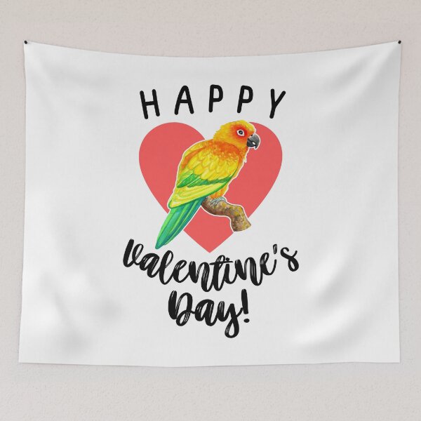 Artikelvorschau, Happy Valentinstag Sun Conure Aquarell entworfen und verkauft von Ivy Lily Art.
