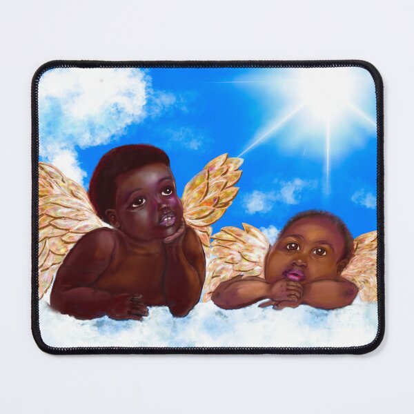 Item preview, Cherubim- brown skin cherubs with curly Afro Hair and gold wings deep in thought on a cloud designed and sold by Artonmytee.