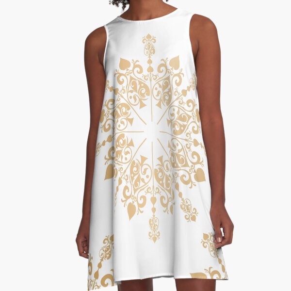 Gold Lace Fretwork Textile A-Line Dress