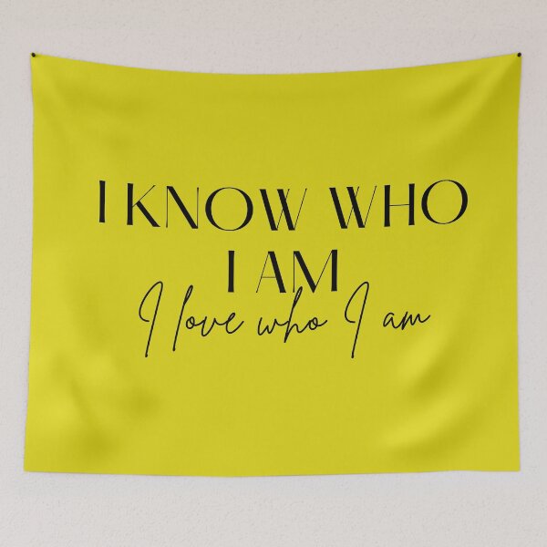 Item preview, Motivational / inspirational quote - I know who I am. I love who I am - saying, bright yellow designed and sold by AlfabetDesign.