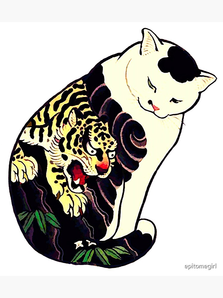 Carte De Vœux Chat Japonais Antique Sur Bois Avec Tatouage Tigre Par Epitomegirl Redbubble