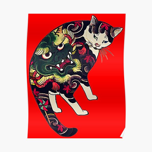Antique Japanese Woodblock Print Cat with Flower Tattoos Poster