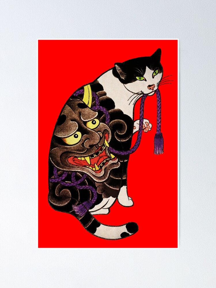 Antique Japanese Woodblock Print Cat With Flower Tattoos Poster For Sale By Epitomegirl