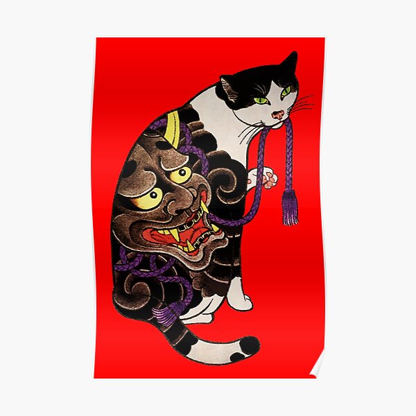 Antique Japanese Woodblock Print Cat with Flower Tattoos Poster