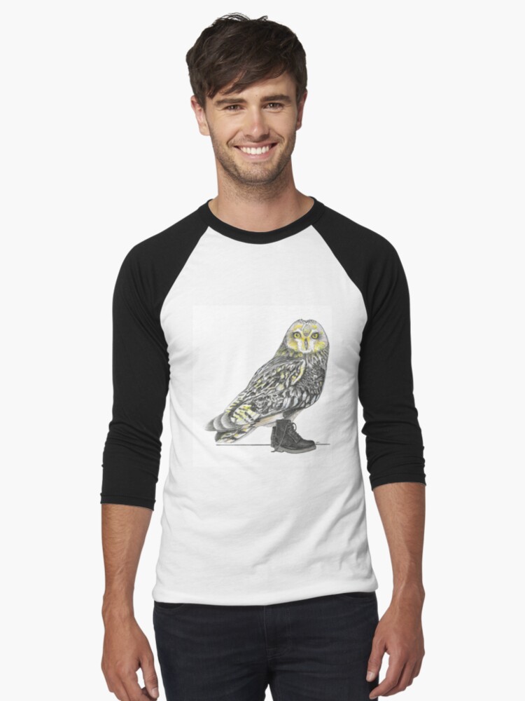 Thumbnail 1 of 3, Baseball ¾ Sleeve T-Shirt, Short-eared Owl in Boots designed and sold by JimsBirds.
