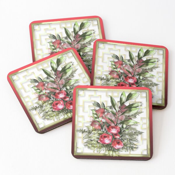 Item preview, Beautiful red watercolor roses with a Chinese lattice designed and sold by CuisineCat.