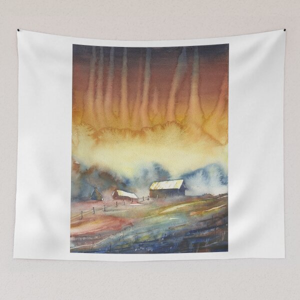 Item preview, Barn landscape watercolor painting.  Colorful watercolor landscape barn artwork sunset  designed and sold by rfoxphoto.