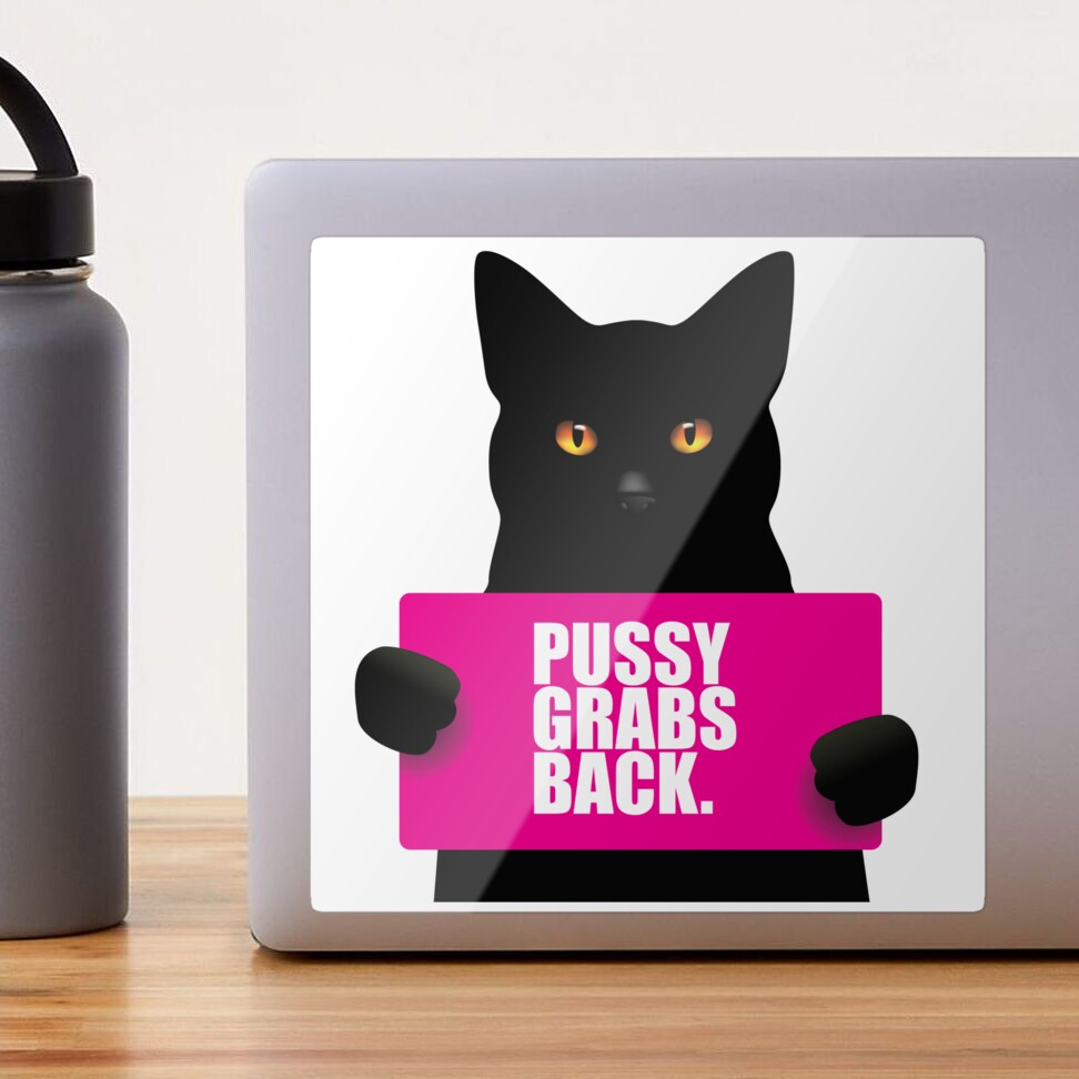 Black cat holding sign that says pussy grabs back. Symbol of female  solidarity