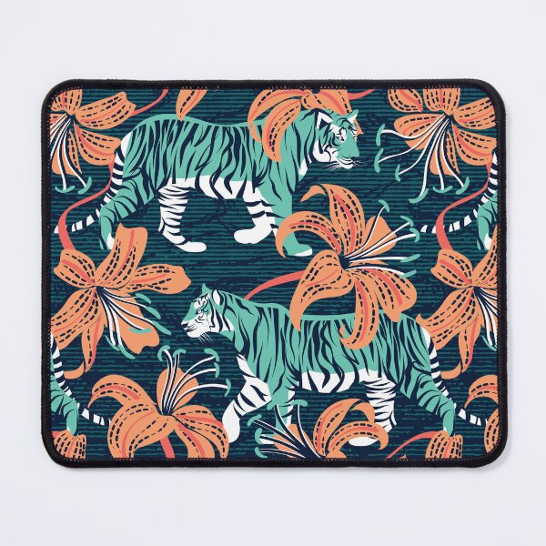 Item preview, Tigers in a tiger lily garden // textured navy blue background spearmint green wild animals papaya orange flowers designed and sold by SelmaCardoso.