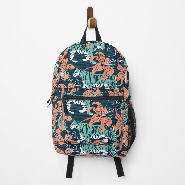 Item preview, Tigers in a tiger lily garden // textured navy blue background spearmint green wild animals papaya orange flowers designed and sold by SelmaCardoso.