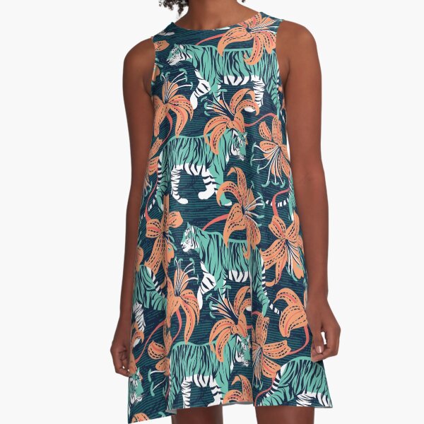 Tigers in a tiger lily garden // textured navy blue background spearmint green wild animals papaya orange flowers A-Line Dress
