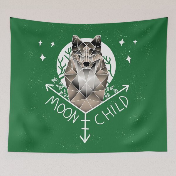 Item preview, Moon Child Geometric Wolf and Moon green background  designed and sold by DemonicGloom.
