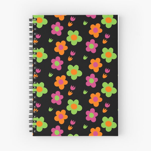 Item preview, Multicolor pink green and orange flower power black background print designed and sold by DemonicGloom.